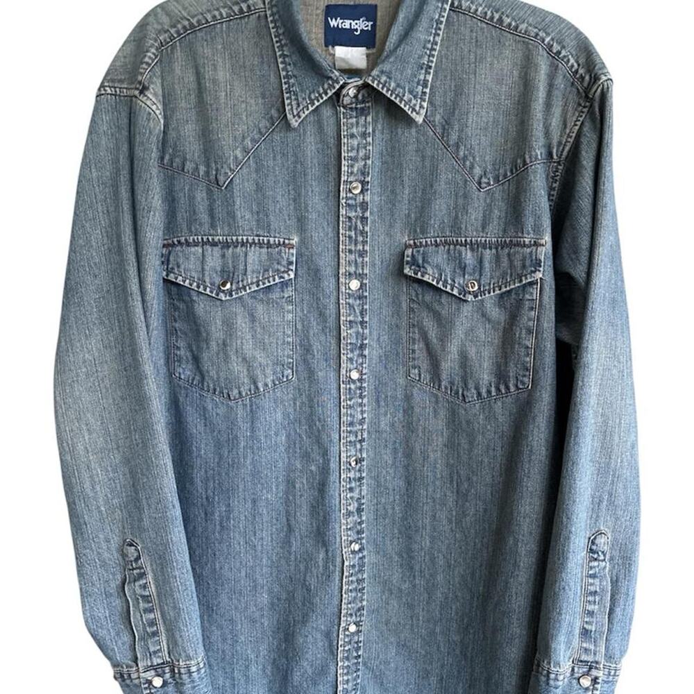 Wrangler Pearl Snap Vintage Western Denim Shirt Mens XL Blue 80s 90s USA Style